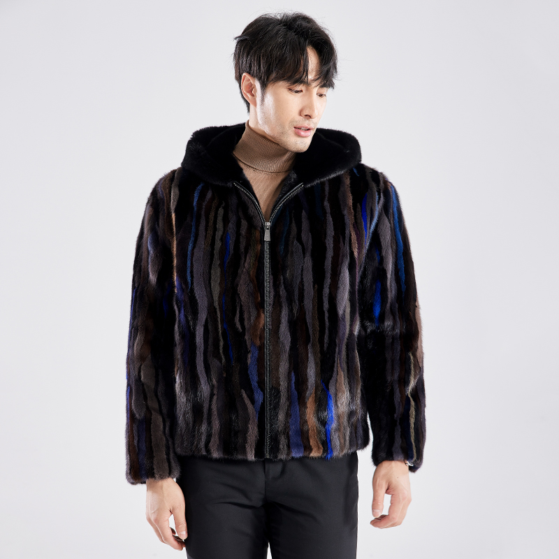 冬季新款男士水貂皮草外套时尚潮流撞色拼接整貂连帽貂皮大衣男潮