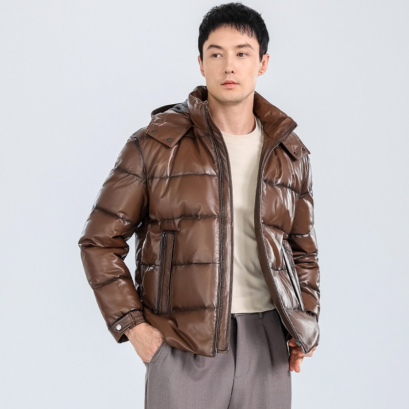 海宁真皮皮衣男可脱卸帽子绵羊皮羽绒白鹅绒保暖时尚潮美拉德外套