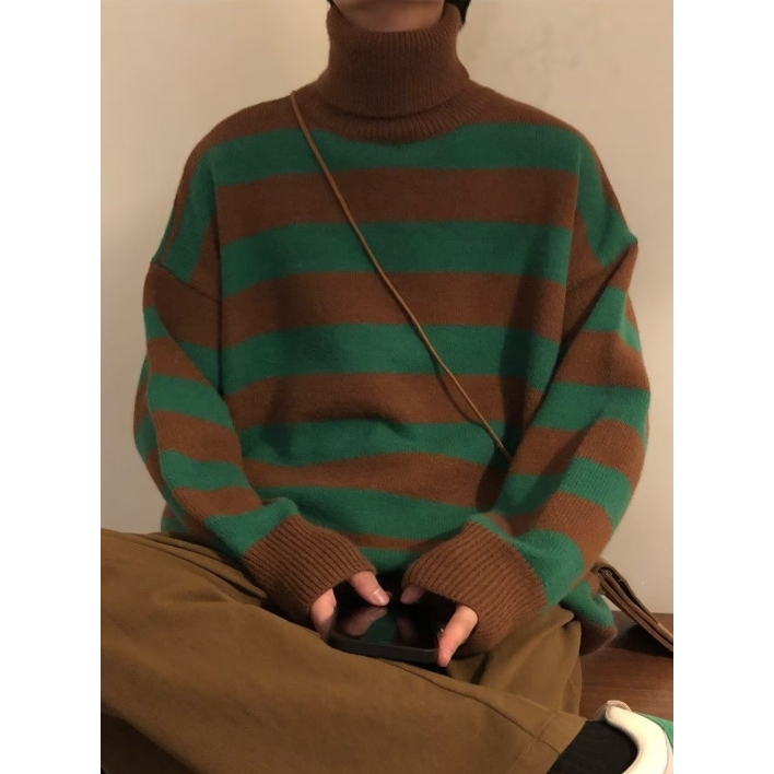 欧洲站春秋新款高领条纹毛衣男宽松慵懒风外穿韩版针织衫潮流打底
