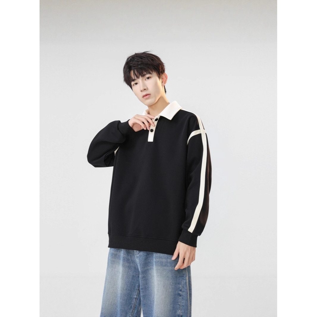 日本品质翻领条纹卫衣男女同款全码三色简约休闲可选