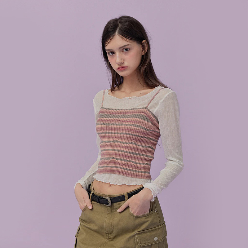 AMKP针织衫女宽松短款圆领2025条纹吊带背心针织甜美开衫两件套