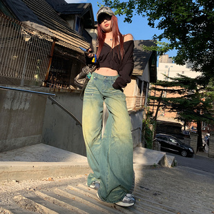 女低腰宽松显瘦微喇拖地长裤 复古水洗阔腿牛仔裤 子 美式 RNBN春夏季