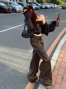 RNBN新款复古棕色PU皮裤休闲阔腿裤女高腰宽松显瘦直筒拖地长裤子