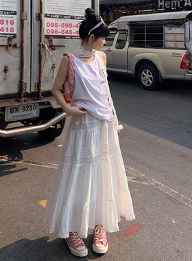 RNBN白色半身裙女春款高腰a字裙蛋糕裙温柔风长裙设计感小众裙子