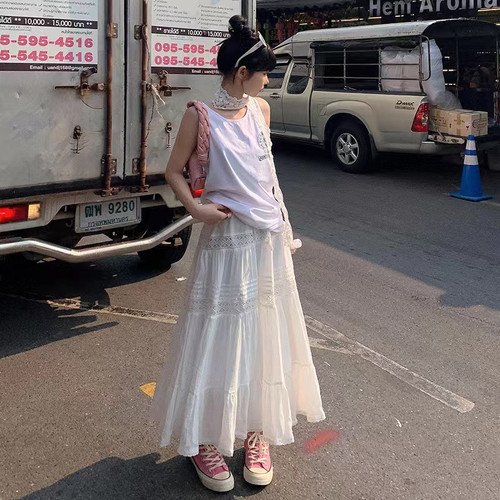 RNBN白色半身裙女春款高腰a字裙