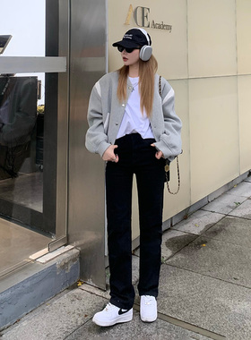 RNBN黑色高腰直筒牛仔裤女春秋季新款显瘦弹力烟管裤窄版阔腿裤