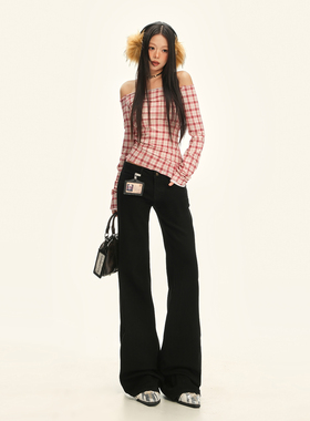 RNBN黑色低腰微喇叭牛仔裤女新款宽松垂感慵懒风休闲裤子