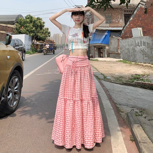 RNBN粉色格纹长裙半身裙