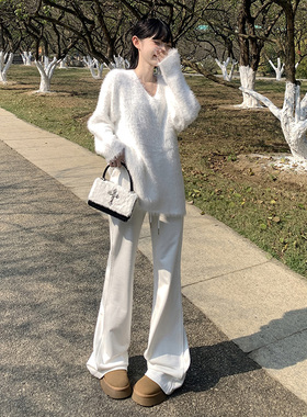 RNBN秋冬美式辣妹白色微喇叭运动休闲瑜伽卫裤女高腰垂感拖地长裤