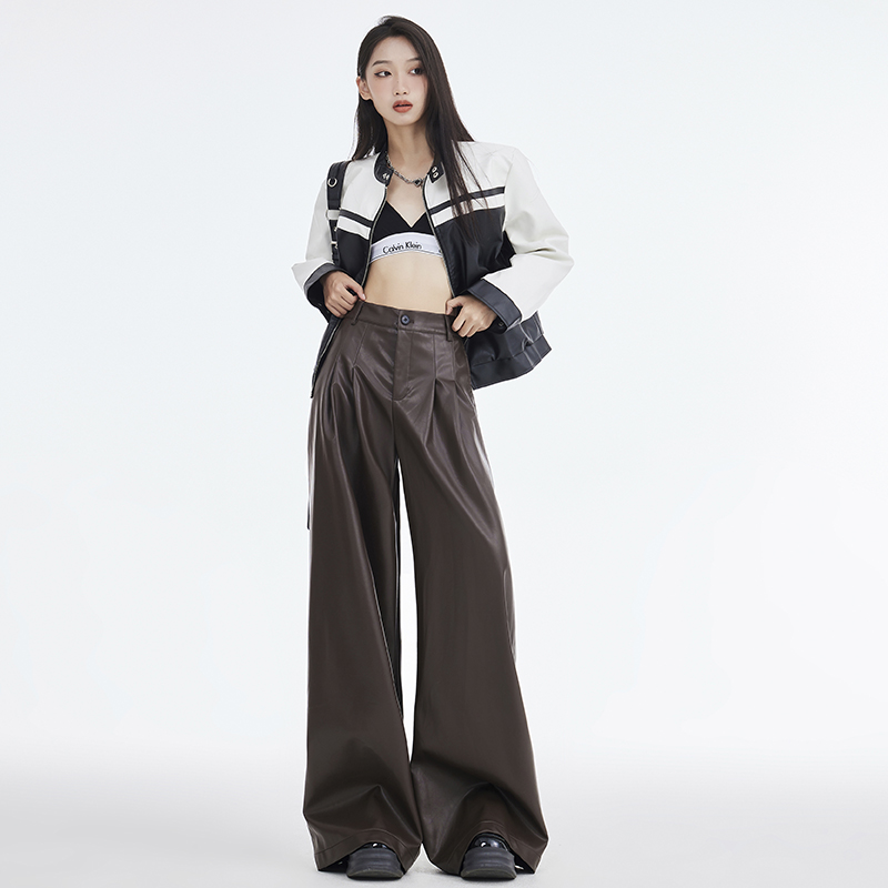 RNBN春季美式休闲阔腿PU皮长裤