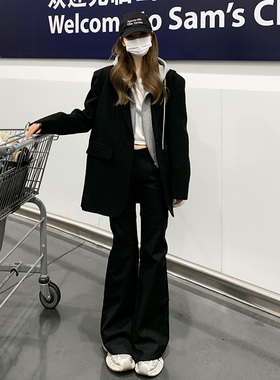 RNBN黑色复古休闲裤女低腰显瘦设计感微喇叭拖地西装裤长裤子