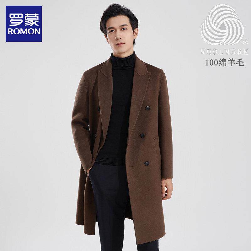 罗蒙100%羊毛大衣男中长款冬季双排扣西装领双面羊毛毛呢风衣外套