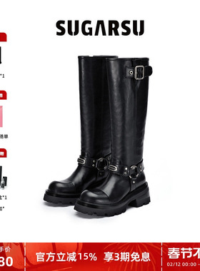 田曦薇孟子义同款|SUGARSU酥履时尚复古直筒厚底骑士圆头长女靴