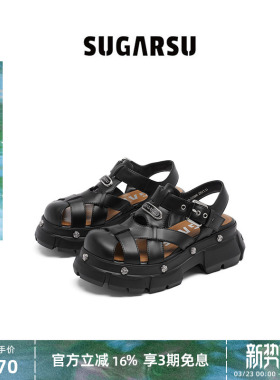 SUGARSU酥履 夏季新款复古夏日镂空猪笼增高罗马厚底凉鞋女