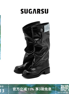 万茜关晓彤同款|SUGARSU酥履 秋冬高裤筒粗跟时装长筒堆堆靴子女