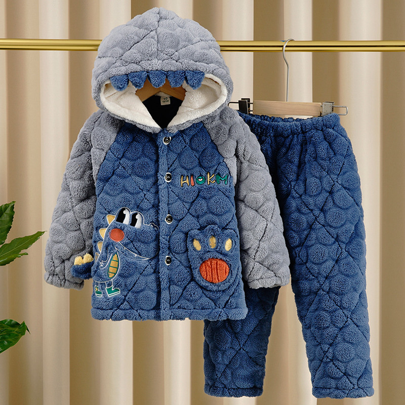 恐龙睡衣男童冬季三层夹棉加厚