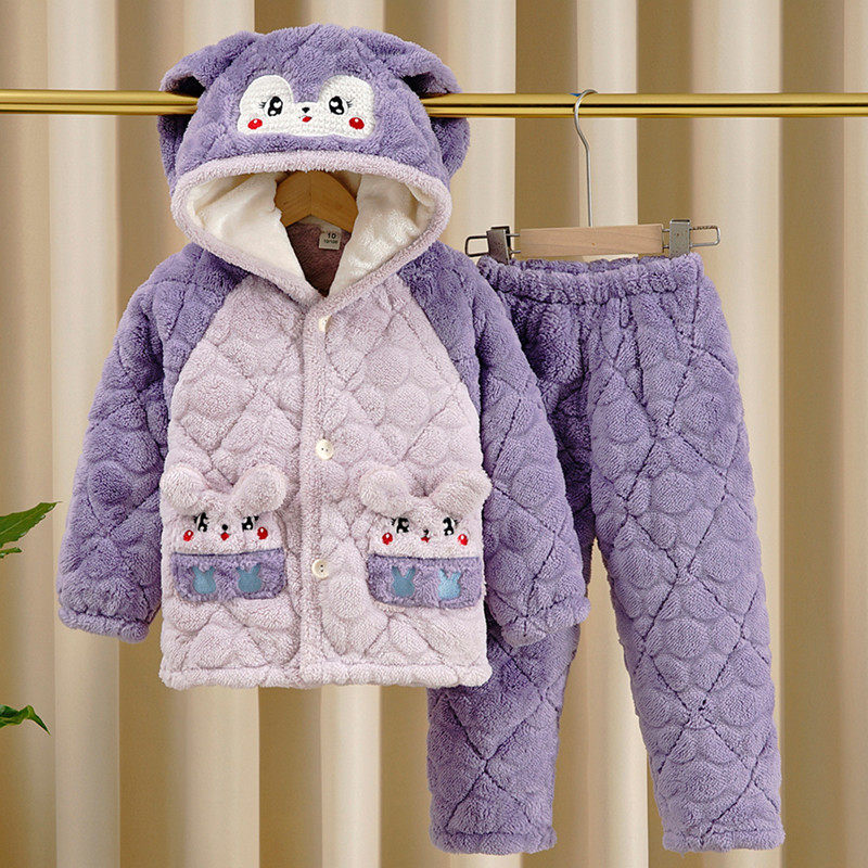 女童睡衣冬季加绒加厚中长款三层夹棉宝宝小孩法兰绒儿童家居服22