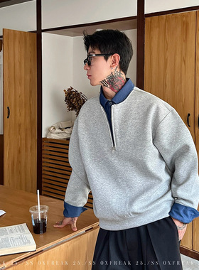 OXFREAK「衬衫式內襟」500g重磅假两件半拉链卫衣男秋冬翻领长袖