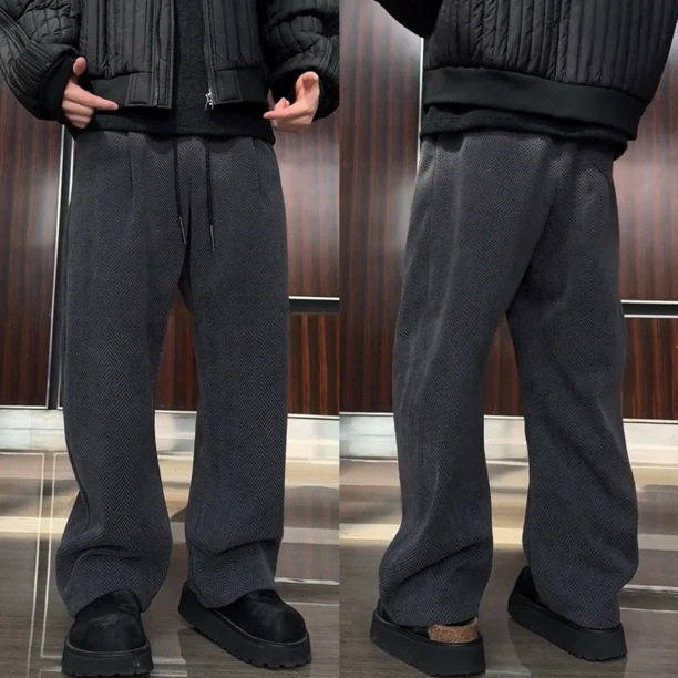 秋冬季加绒新款人字纹休闲裤男潮慵懒风斜纹宽松直筒百搭阔腿裤