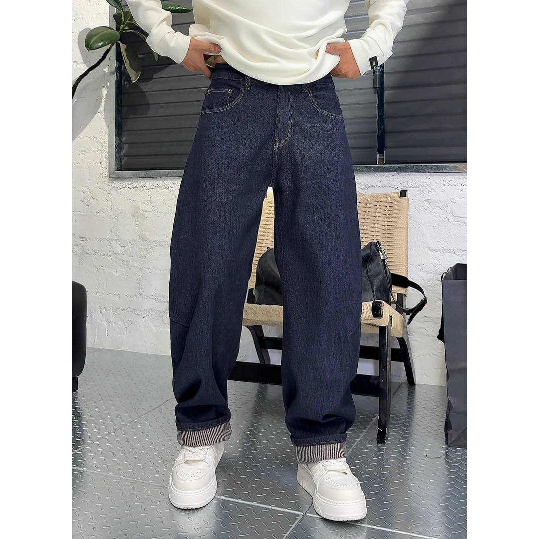 YULE语乐 25279复古普洗弯刀牛仔裤冬季加厚休闲宽松阔腿裤长裤