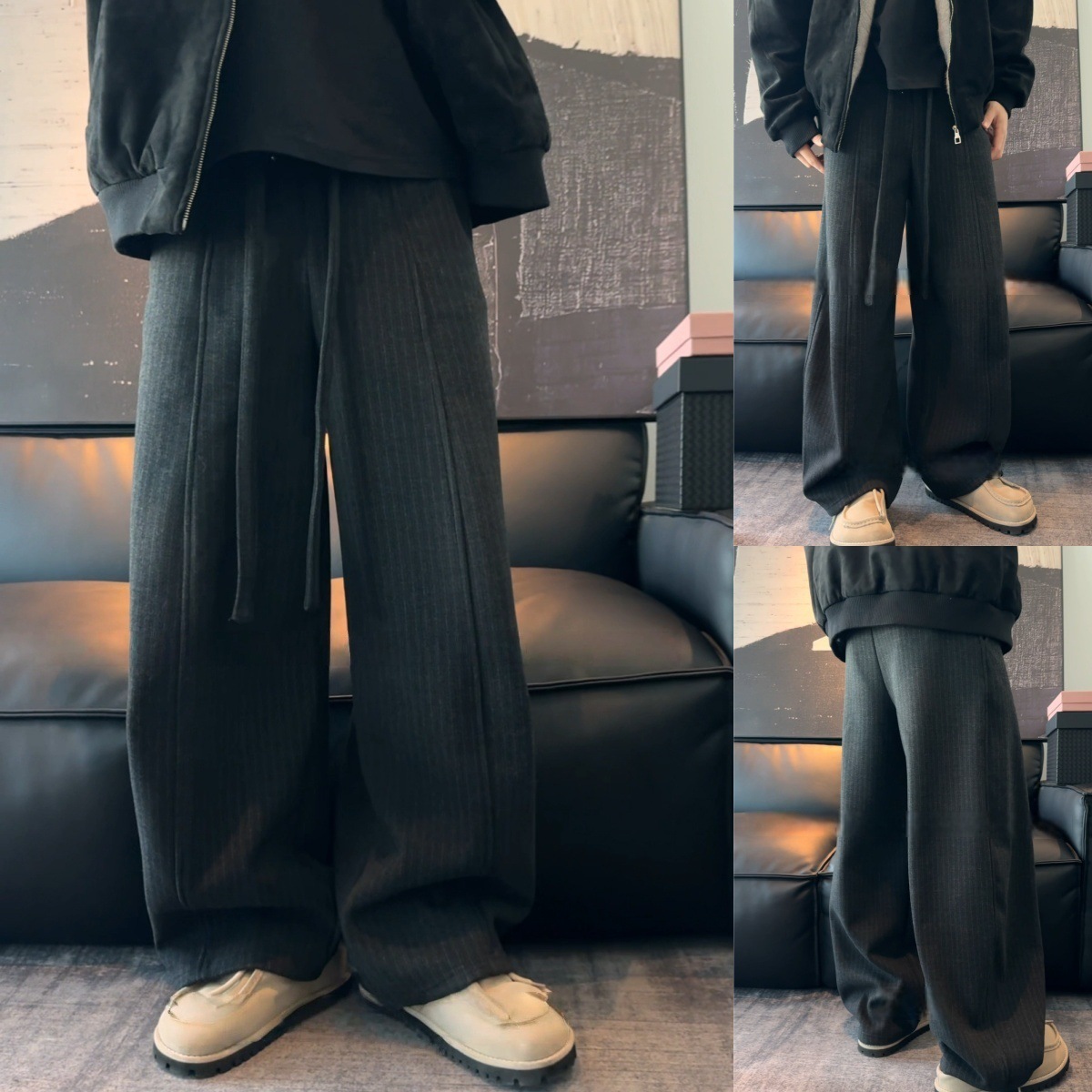 2025秋冬设计师款飘带抽绳竖条纹加绒休闲裤男潮牌百搭弯刀阔腿裤