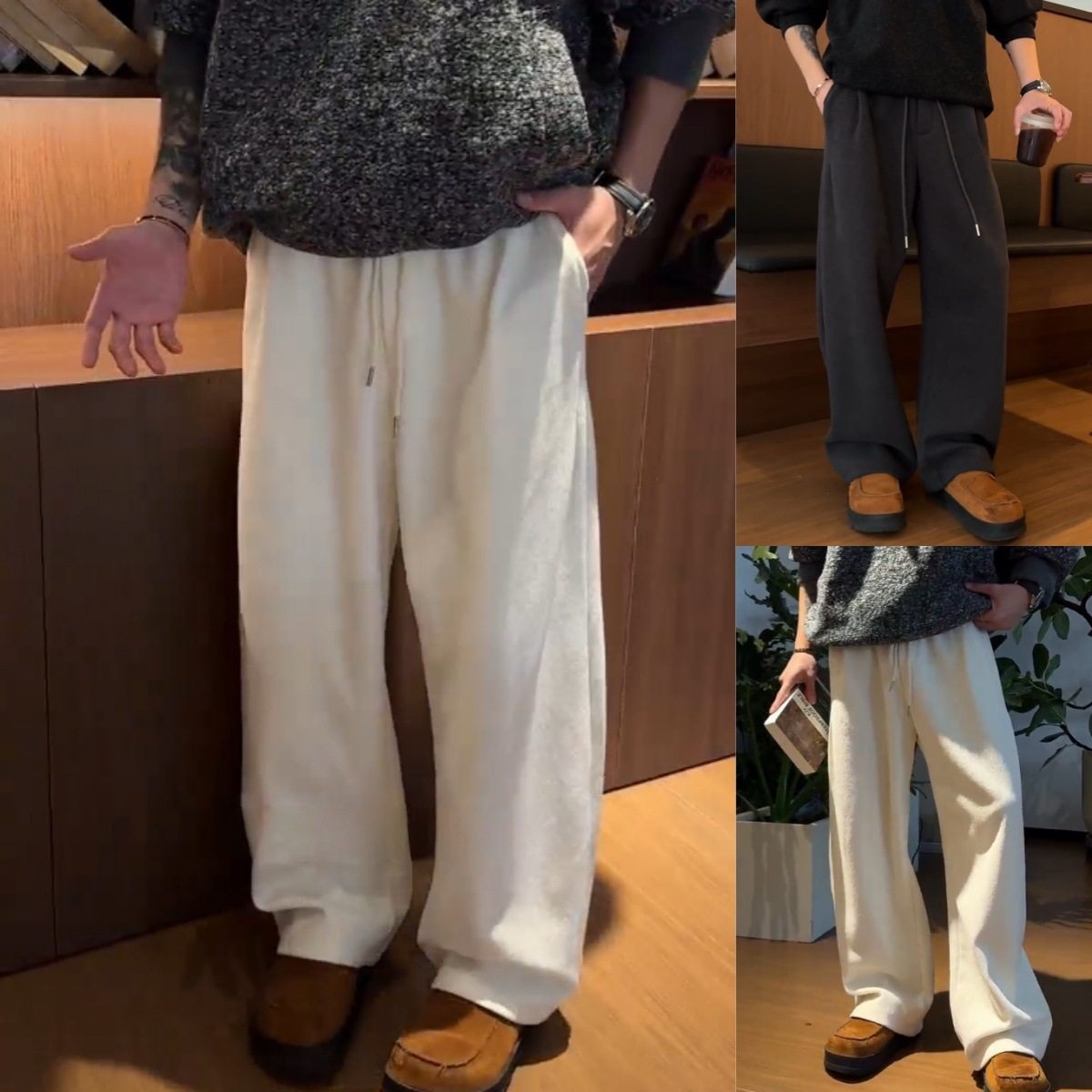 秋冬季新款桑蚕丝混纺休闲裤男士百搭宽松加厚长裤子男女同款