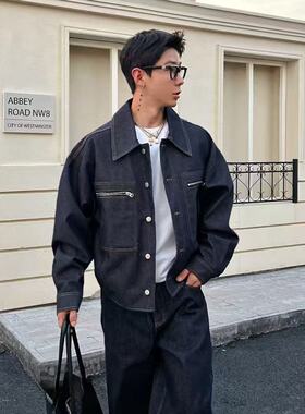 OXFREAK「丹宁原牛 箱型设计」深蓝色工装牛仔夹克男宽松做旧外套