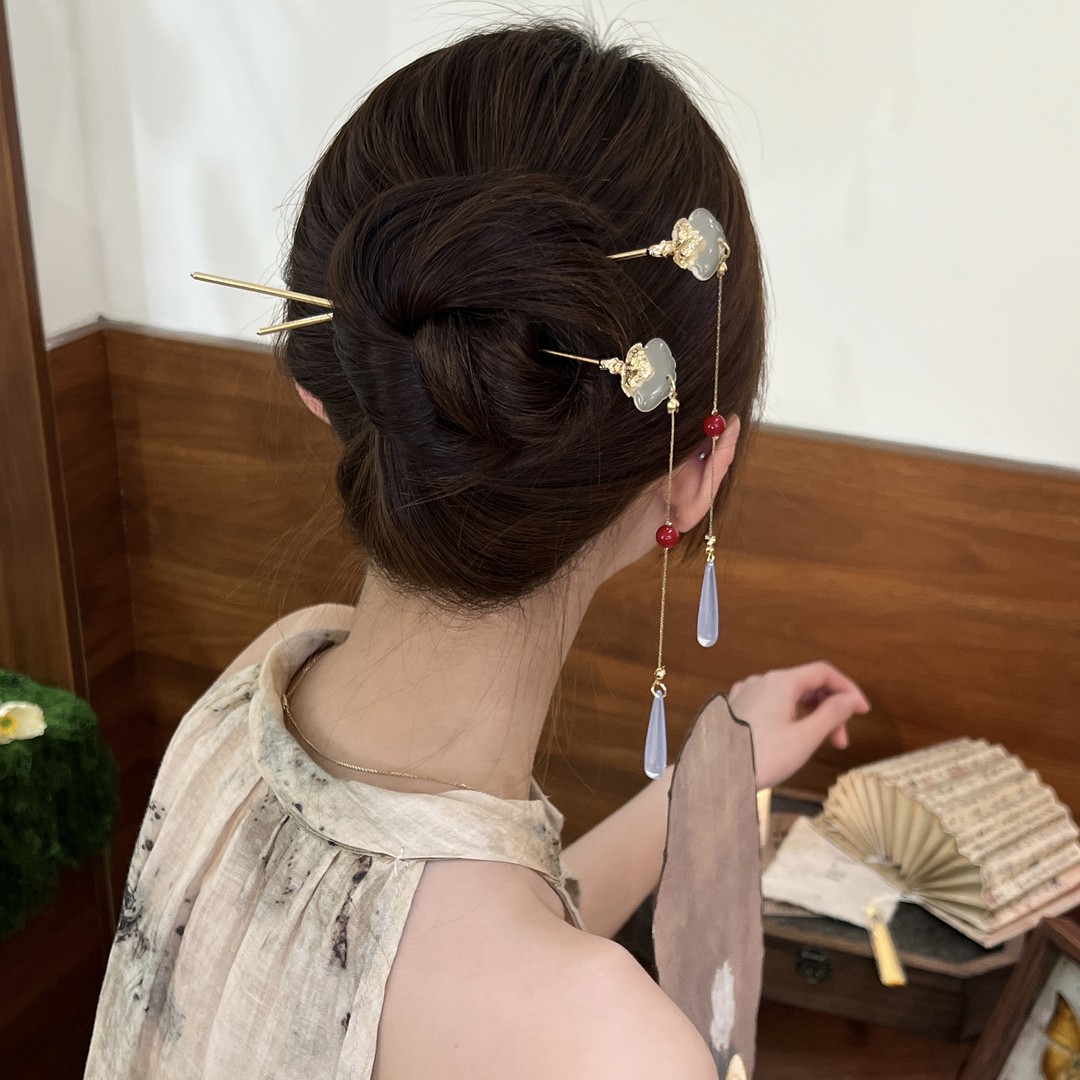 沐秋时尚两支价花朵流苏发簪气质简约清冷感旗袍发型汉服簪子发饰