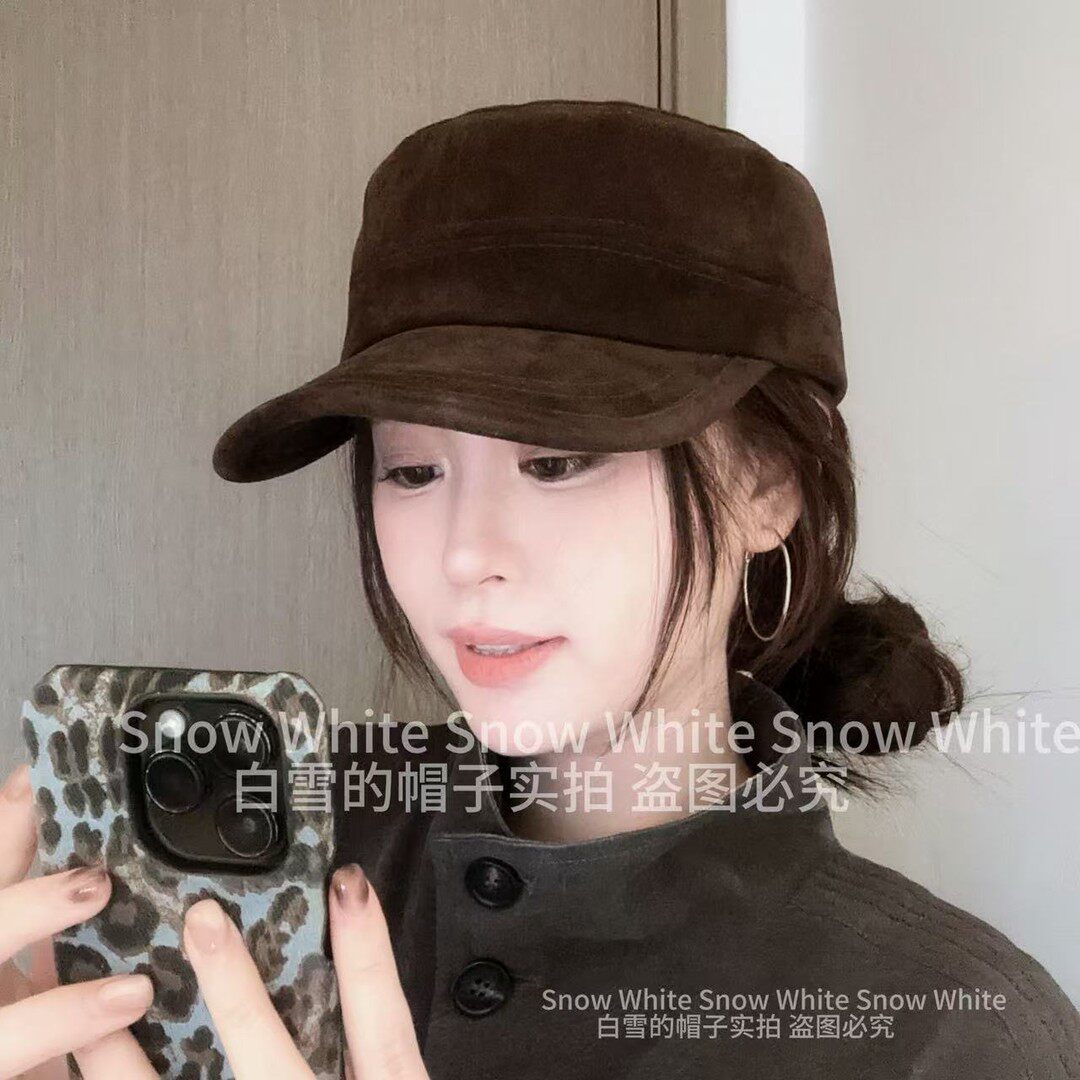 白雪的帽子【巧克力棕马术帽】女2025秋冬新款复古日韩风麂皮E-04
