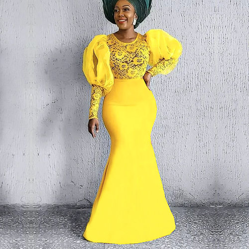 欧美大码蕾丝网纱灯笼袖礼服连衣裙Plus Size Yellow Dress Women