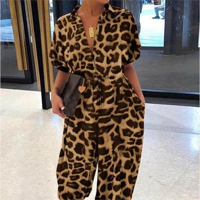 V-Neck Button Lace-Up Jumpsuit Summer Leopard Print Pocket
