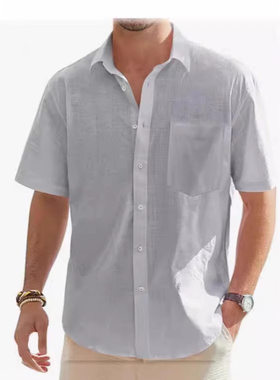 Summer Men Cotton Linen Short Sleeve Tops Casual Shirt