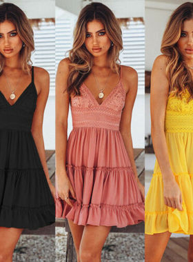 Sexy Lace Sling Backless V-Neck Party Beach Dressv领沙滩裙