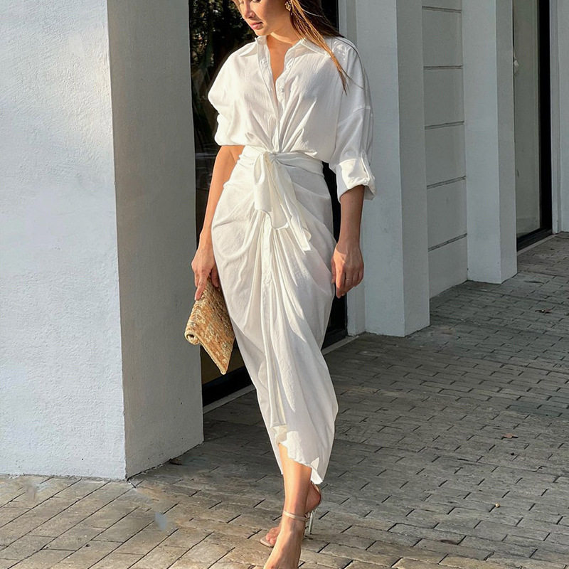 Summer Solid Shirt Dress夏季纯色性感褶皱包臂开衫衬衣连衣裙