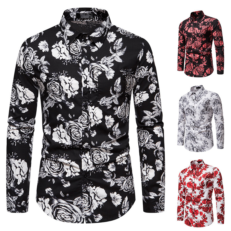 2023外贸大码亚马逊青年衬衣男士玫瑰花休闲长袖衬衫Men's shirt