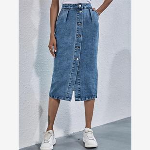 Denim Skirt Women Streetwear Casual Pocket High Waist Straig