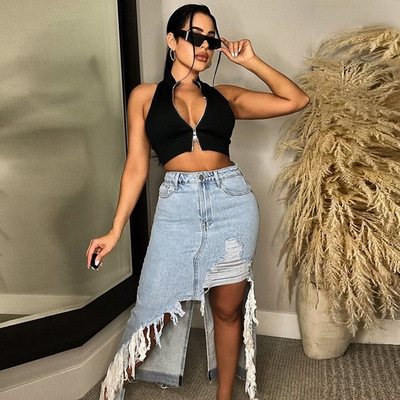 Denim Skirt Retro Long Summer Denim Skirts Girls High Waist