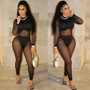 High Waist Skinny Sexy Jumpsuit休闲连体裤 Panel Casual Mesh