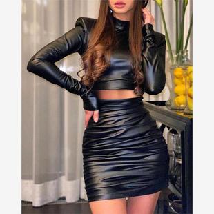 Top Ruched Set上衣半身裙套装 Crop Skirt Leather