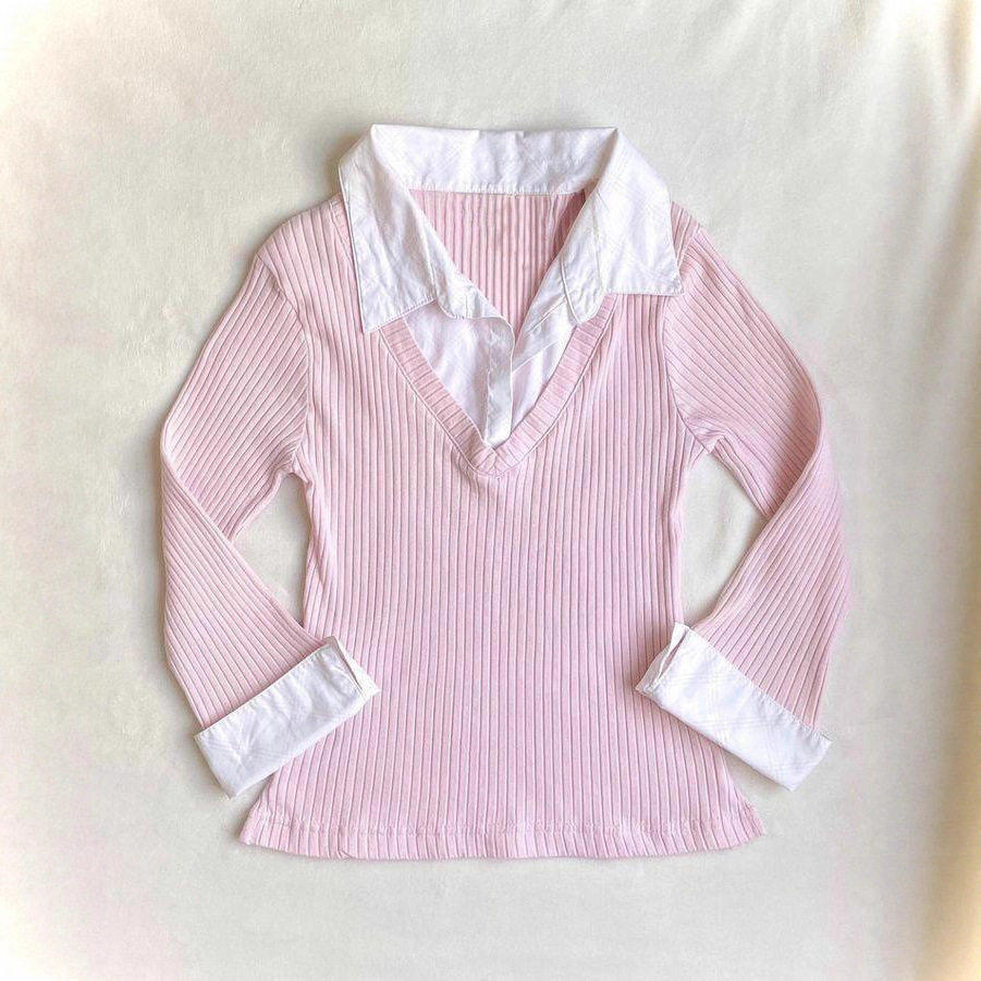 Loose striped solid color thin long sleeved T-shirt  women