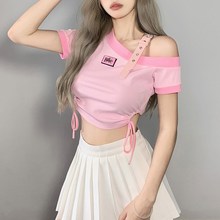 粉色斜肩t恤女夏小众设计感女团风爵士jazz别致短款甜心辣妹上衣