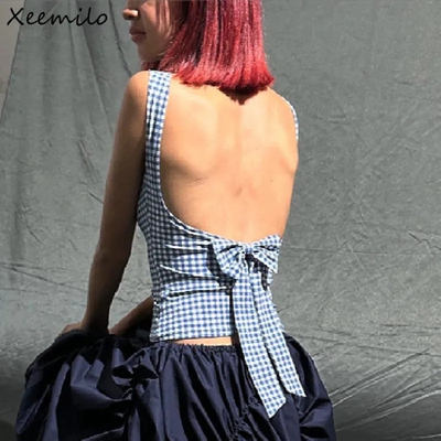 Bow Backless Tank Top Casual Streetwear Plaid Print Crop Top