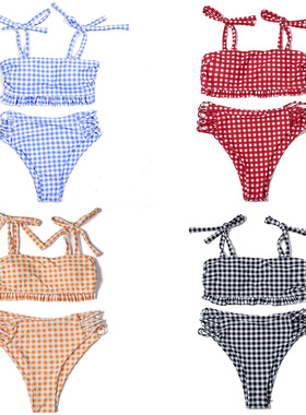 蓝色绑带比基尼欧美性感高腰分体泳衣Sexy split bikini swimsuit