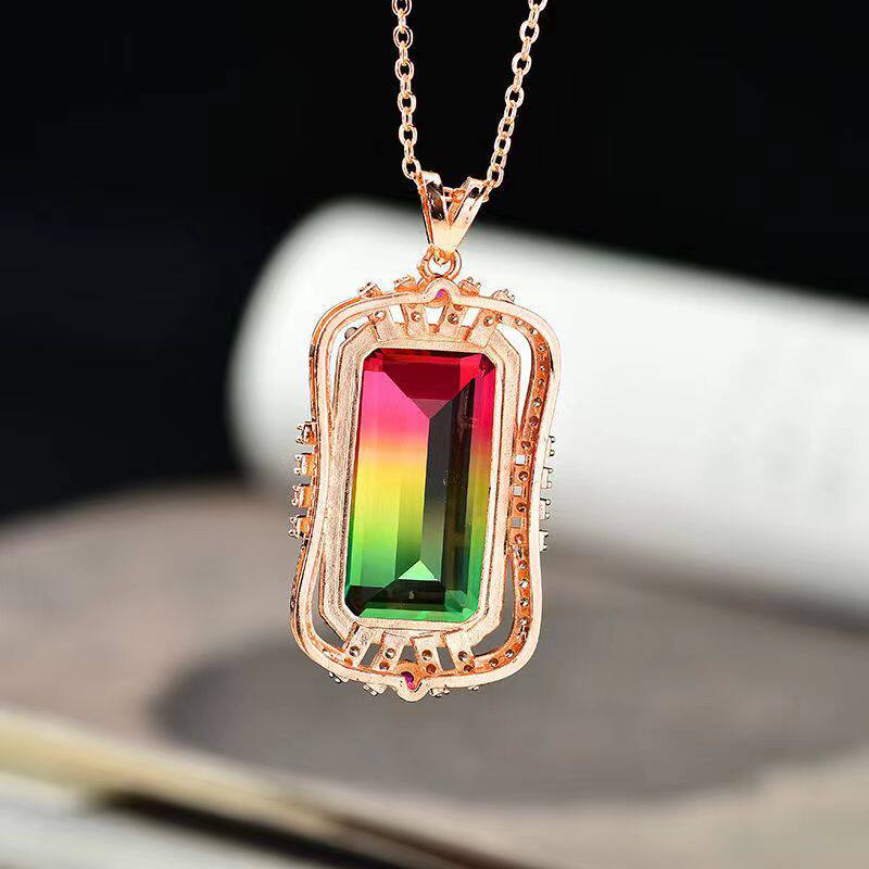 原创设计巴西彩虹西瓜碧玺吊坠项坠纯天然原矿女款轻奢小众厂家