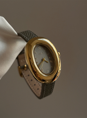 IEKE金灰色复古简约ins风手表女小众轻奢高级感椭圆形皮带石英表