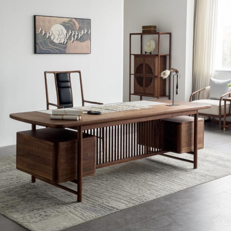 新中式黑胡桃木白蜡木老板桌高端禅意实木大气大班台办公室主管桌