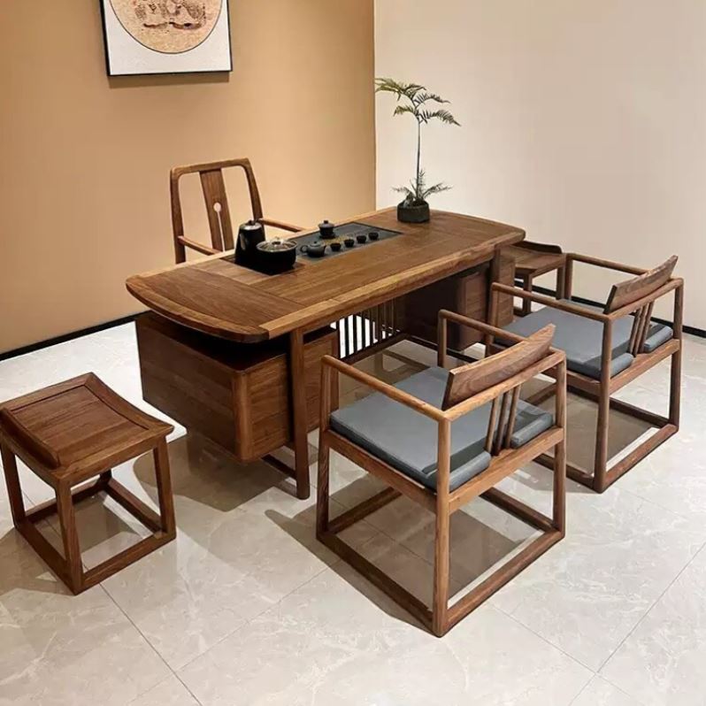 新中式实木茶桌椅组合北美黑胡桃木禅意茶台书桌一体两用茶室家用