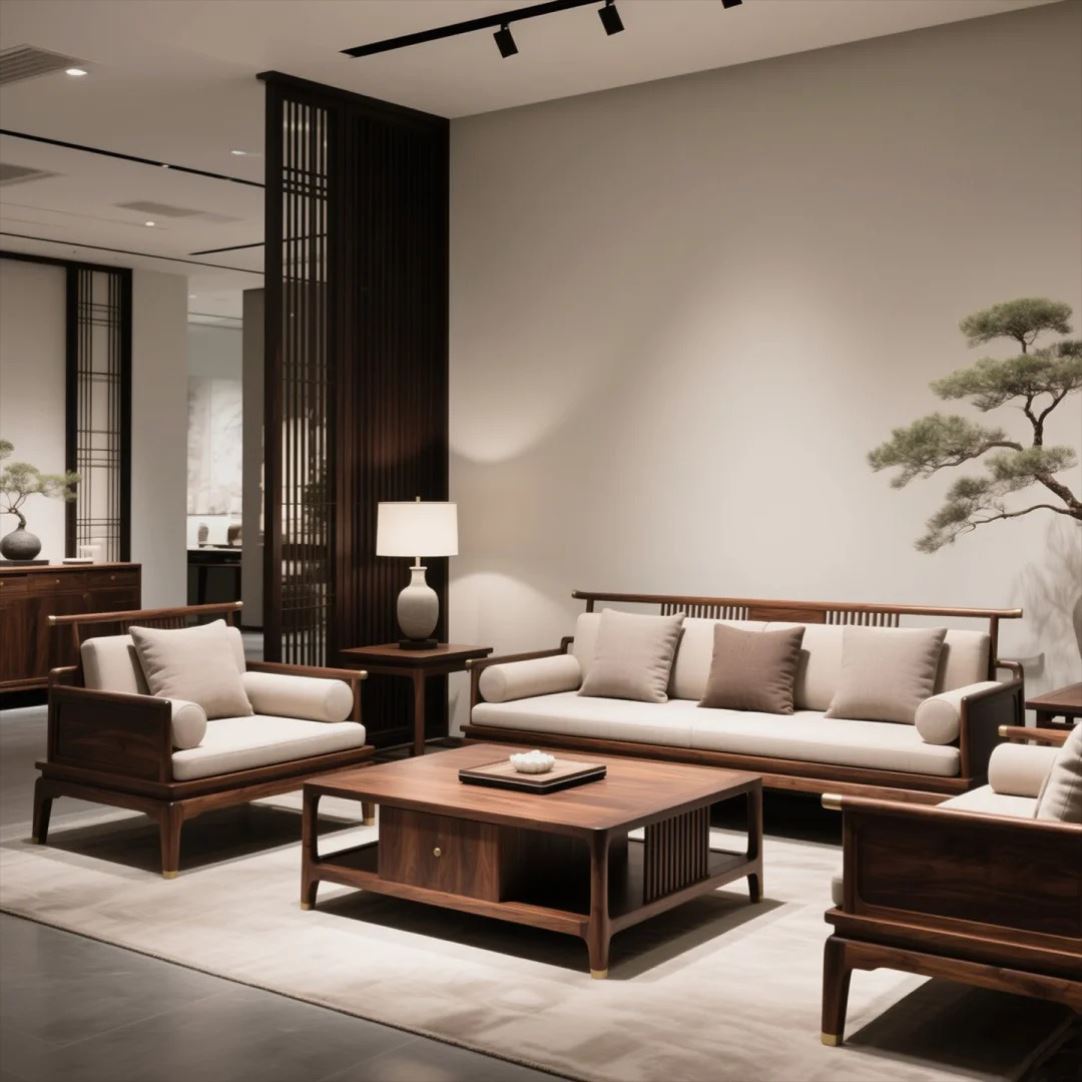 休闲酒店黑胡桃白蜡木沙发宋式美学高端定制民宿办公室家具