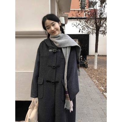 灰色牛角扣毛呢外套女中长款2024秋冬新款小个子加厚连帽呢子大衣