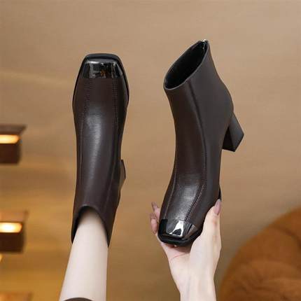 SuperXi高定女鞋短G靴女真皮皮鞋方头粗跟7cm金属包头侧拉链法式